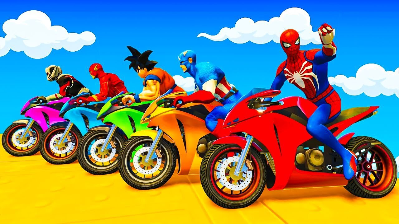 الأبطال الخارقين على القضبان دوامة قمع جسRAINBOW SPIDER MAN! on Motorcycle in Spiral Bridge 9