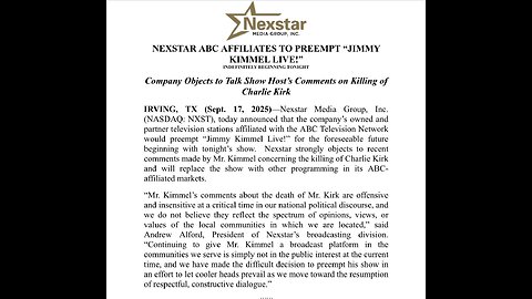 BREAKING: Nexstar announces it will drop Jimmy Kimmel’s show from ABC stations “for the foreseeable
