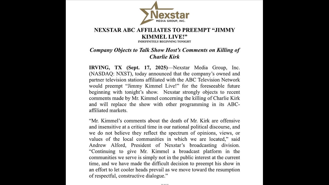 BREAKING: Nexstar announces it will drop Jimmy Kimmel’s show from ABC stations “for the foreseeable
