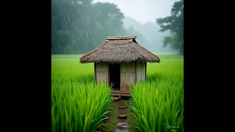 ASMR SOUND OF RAIN IN THE RICE FIELDS TAKING SHELTER IN A SMALL HUT
