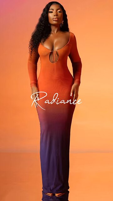 Radiance in Hue Gradient Deep V Long Maxi Dress Design, and Empire Waist Fit🔥
