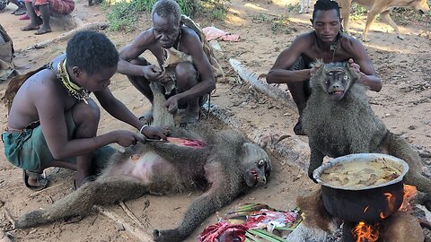 Discover Hadzabe tribe Hunting Baboon and Cooking Lunch😋 very delicious Meal.