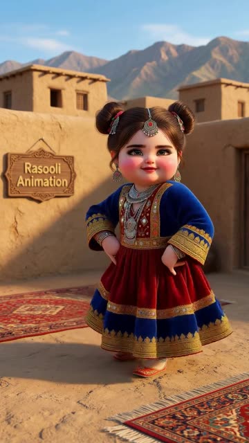Cute cartoon girl dancing in traditional afghan dress outdoors with mountain background scene