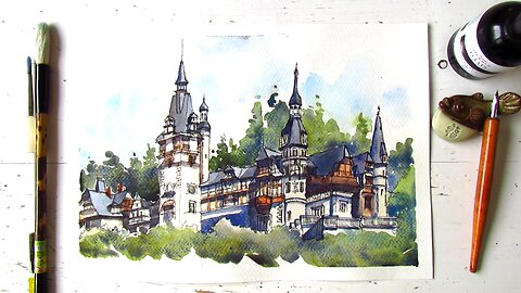 Urban Sketch Romania| Dip Pen & Watercolor Castelul Peleș| Architecture Sketch Fairytale Castle