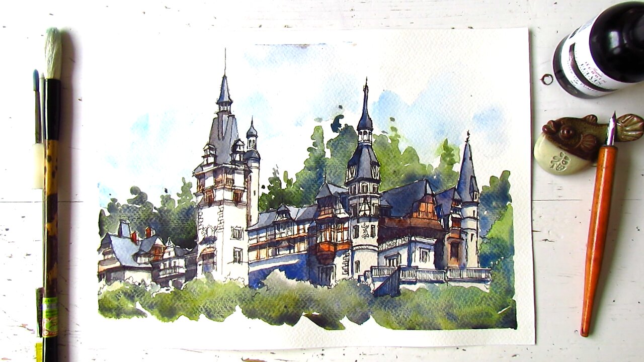 Urban Sketch Romania| Dip Pen & Watercolor Castelul Peleș| Architecture Sketch Fairytale Castle