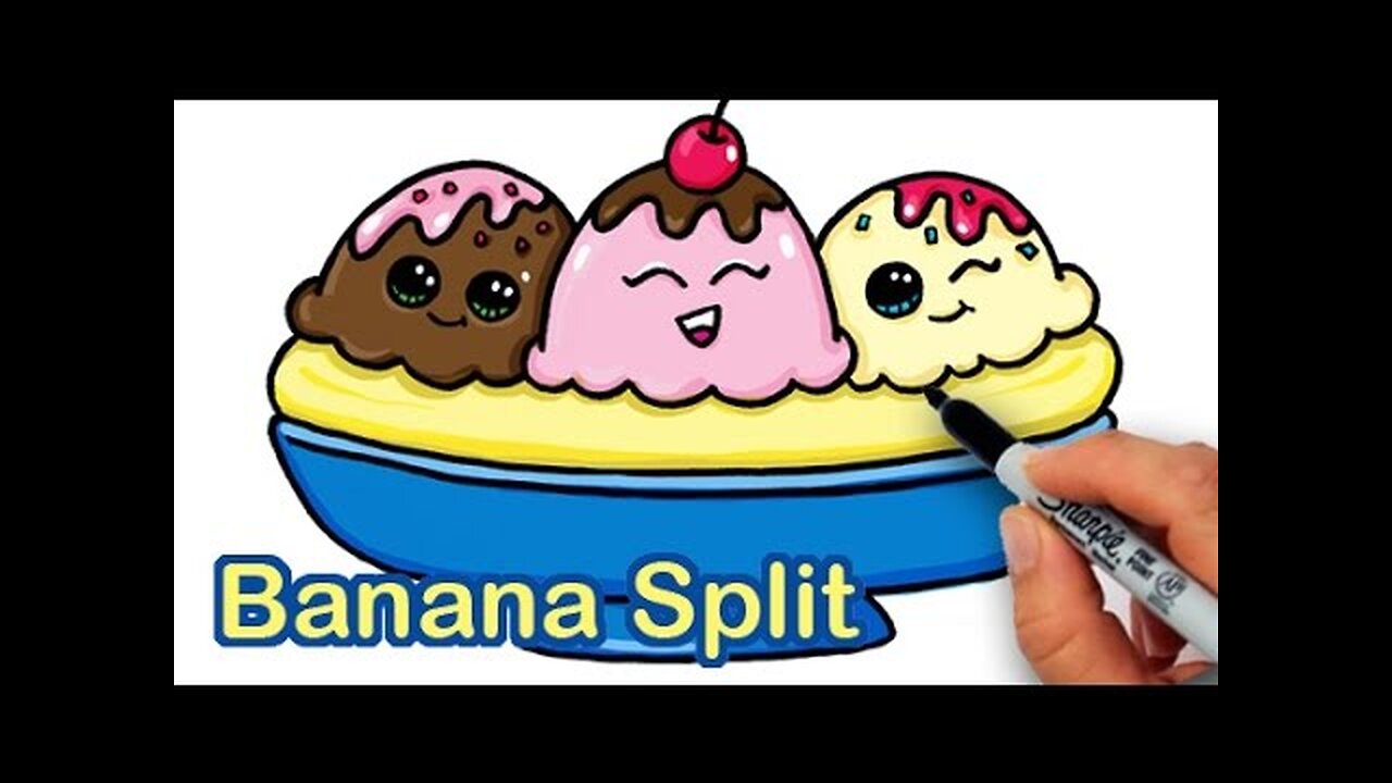 How to Draw a Yummy, Cute Banana Split Ice Cream Sundae