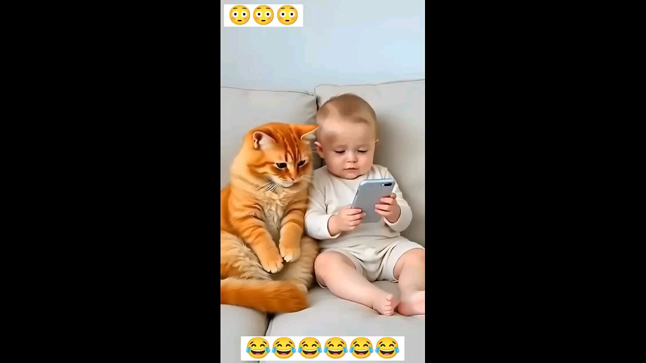 Baby and Cat watching on phone