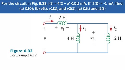 Example 6.12 | In Fig 6.33 find i1(0) v(t) v1(1) v2(1) i1(t) and i2(t) | FEC 4th Edition