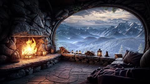 Cozy Mountain Cabin in the Rain | Relaxing Fireplace Ambiance with Soft Piano Music