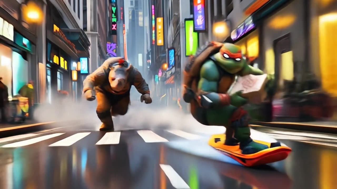 AI Action: Ninja Turtle Rides Skateboard While Rhino Chases | Epic Funny Short
