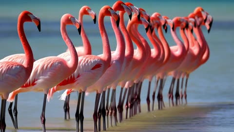 Synchronized Flamingo Line Dance in Crystal Shallow Waters