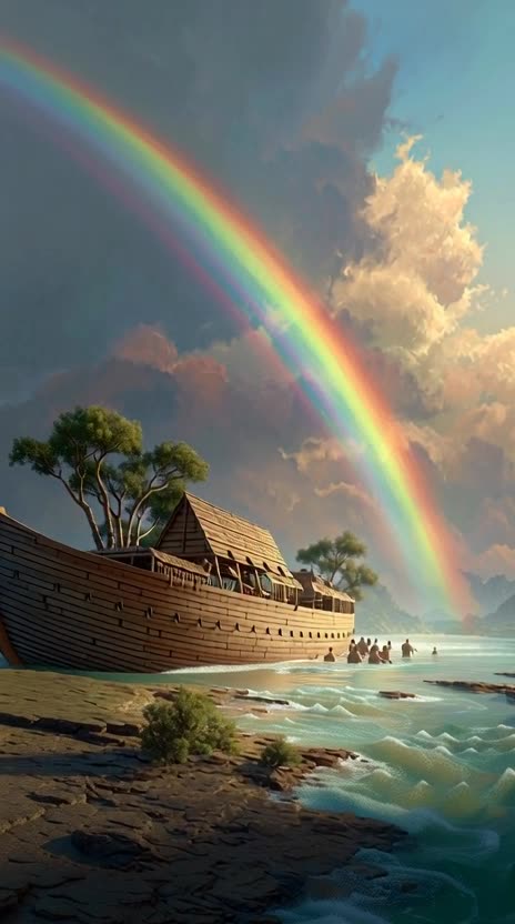 the arc of Noah floating on the flood. Make it super realistic