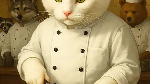a white cat-chef cuts greens