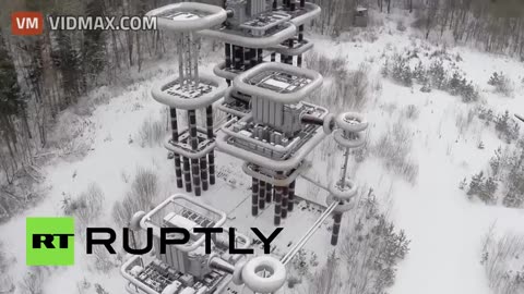 Tesla Tower at a covert Russian winter base is captured on drone footage.