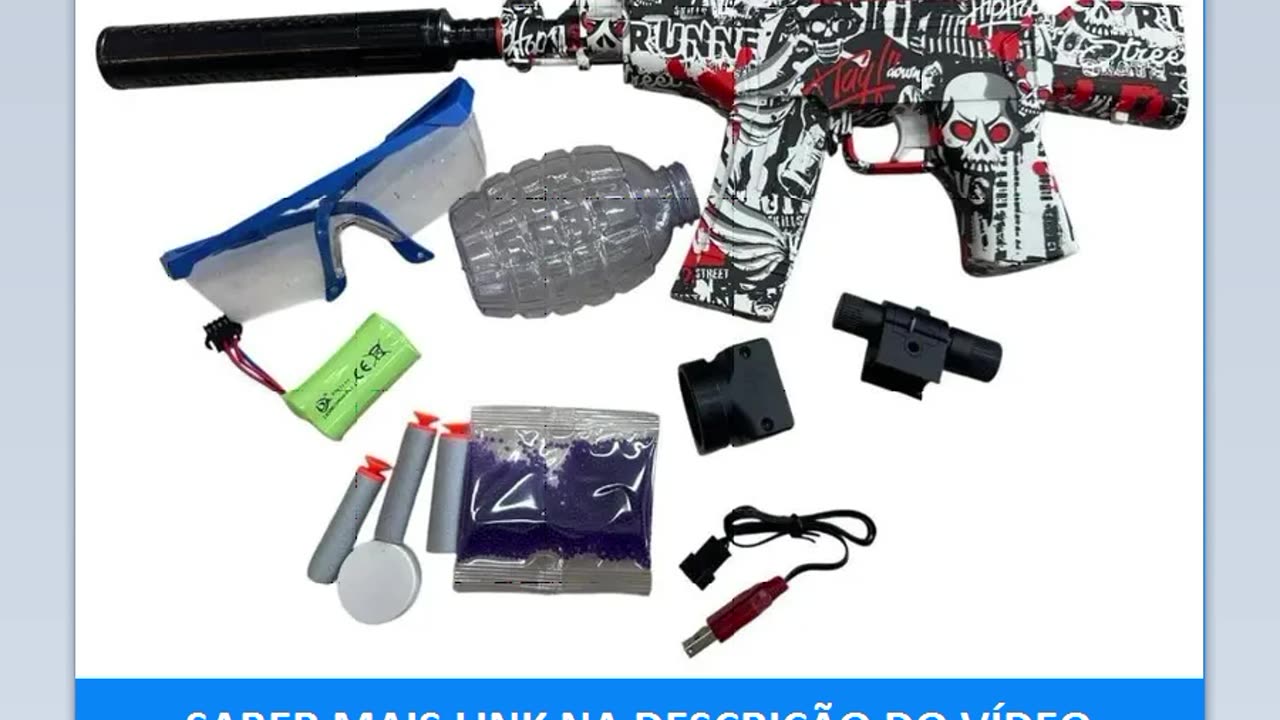 Arma de Gel AK-47 (AZUL) Com Óculos, Laser e Dardos - Submachin Gun
