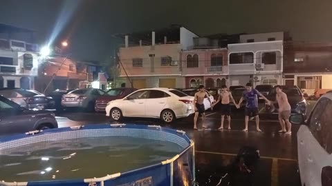 Guys Holding Hands Jump Into Pool, One Doesn't Quite Make It