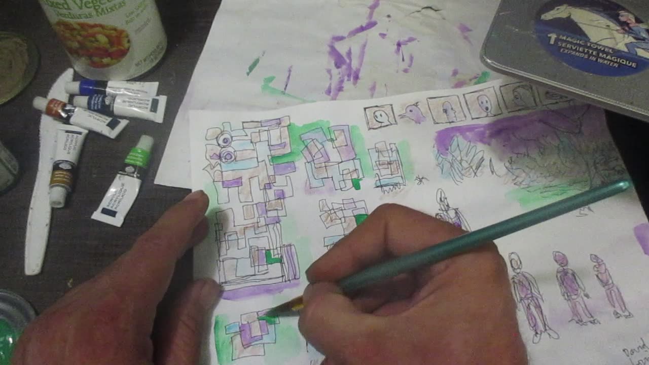 More painting with green paint on my drawings. Thursday, June 12, 2025.