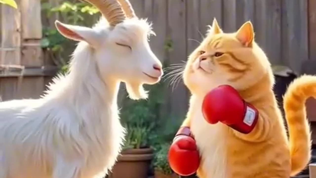 orange cat and goat