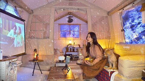 🌨 A tent like a cabin in the snowy forest ｜ Riding a sled, eating gulbossam