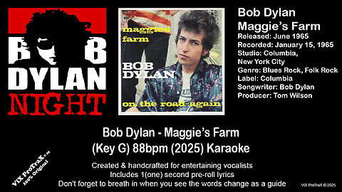 Bob Dylan - Maggie’s Farm (Key G) 88bpm (2025) Karaoke