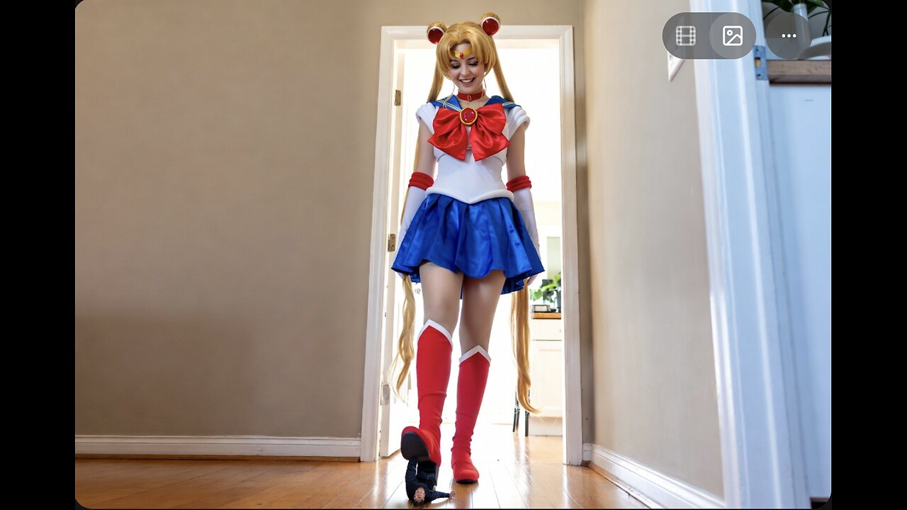 A giant Sailor Moon cosplayer with red boot step on the tiny man