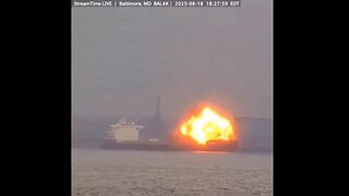Cargo Ship Explodes in Baltimore Harbor near the Key Bridge that collapsed last year after being rammed by a ship