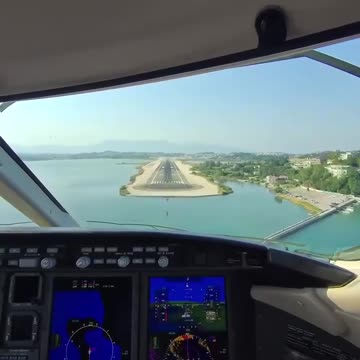 Landing of the Bombardier Challenger 3500 business jet in a picturesque location