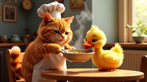 Cute Ginger Tabby Cat Cooking Soup for Leg Disabled Duck 🫕🦆