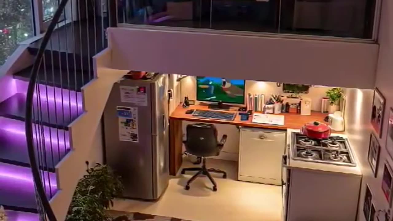 Cozy loft apartment purple interior design