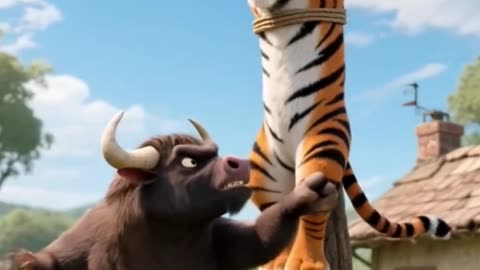 The Orange Cat Outsmarts the Crazy Bull to Save His Tiger Brother！#bull #cat #tiger #cute #funny
