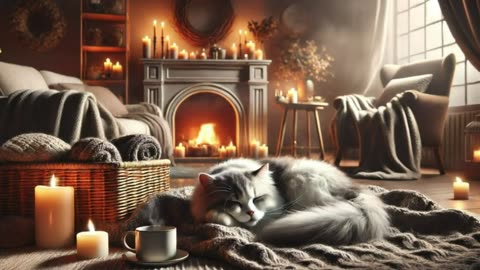 White Cat Sleeping by Fireplace – 4H Cozy Relaxing Ambience for Sleep, Study & Stress Relief