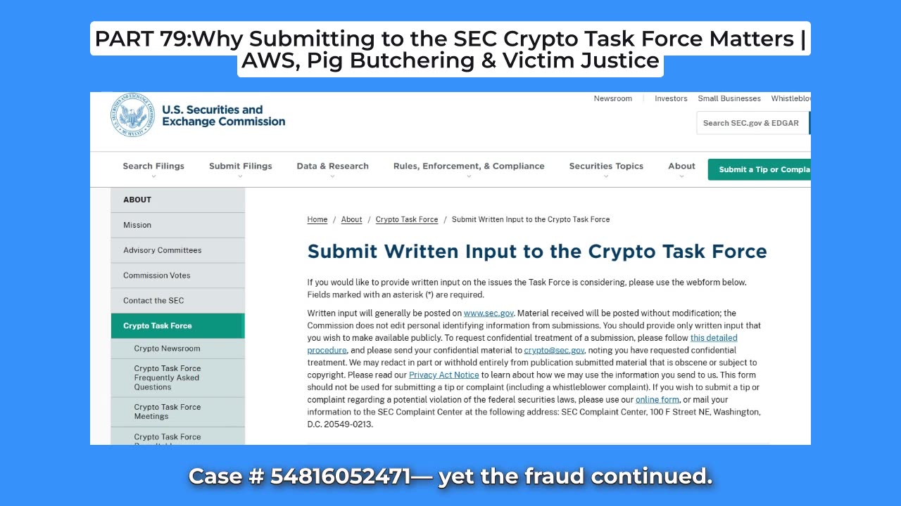 PART 79:Why Submitting to the SEC Crypto Task Force Matters | AWS, Pig Butchering & Victim Justice