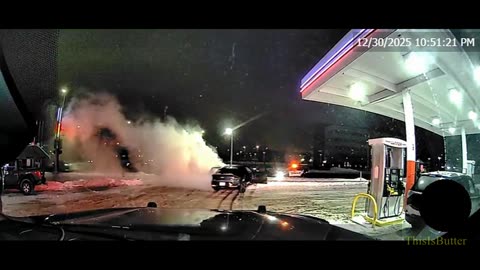 Cop uses squad car to push burning vehicle away from gas pumps