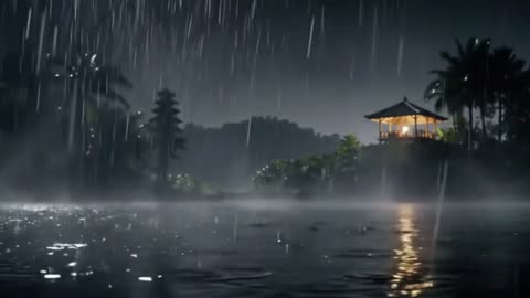 Serene Tropical Lake Rain at Night