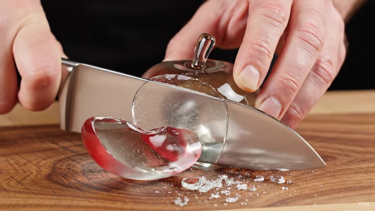 Slicing a crystalline red apple