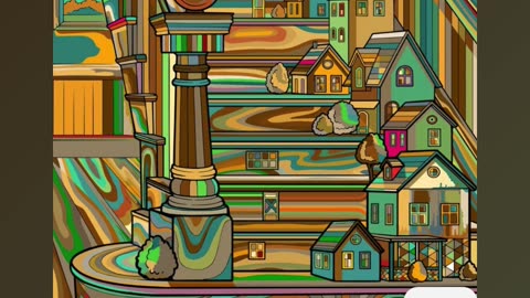 Surreal Staircase Design with Miniature Houses and Vivid Wooden Patterns