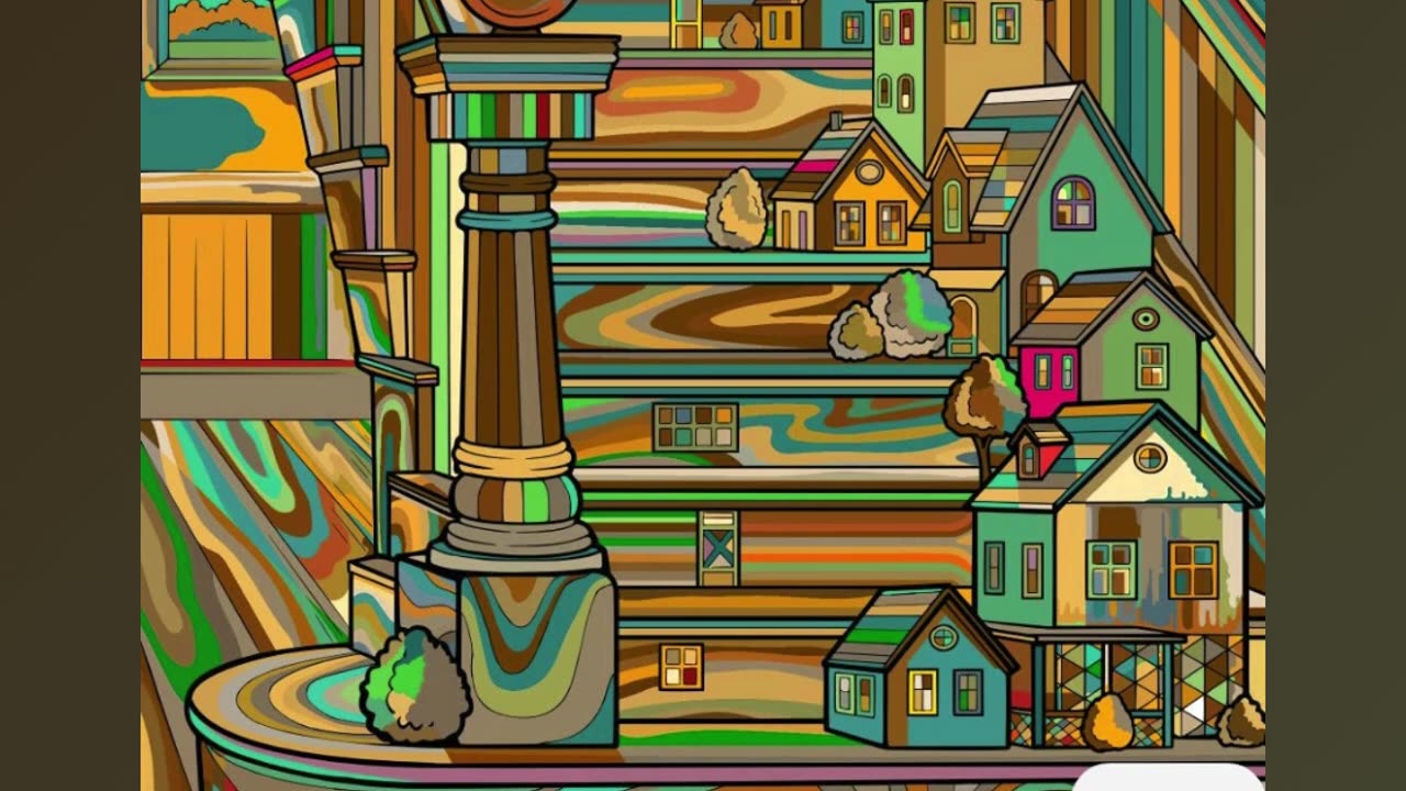 Surreal Staircase Design with Miniature Houses and Vivid Wooden Patterns