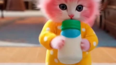 Adorable Kitten in Watermelon Dress 🐱💖 Holding a Milk Bottle | Cutest Cat Video Ever!