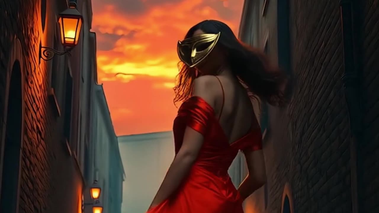 A golden hour alleyway. A red silk gown. A woman holding a mask, walking into mystery…