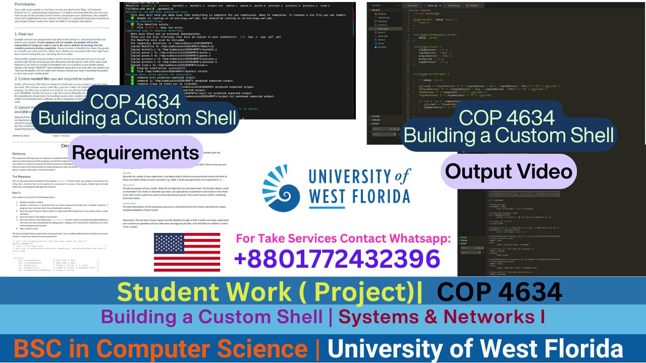 Student Work(Project)|COP4634 Custom Shell Execution in C | Systems & Networks Work Video |UWF
