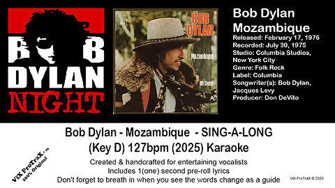 Bob Dylan - Mozambique - SING-A-LONG (Key D) 127bpm (2025) Karaoke