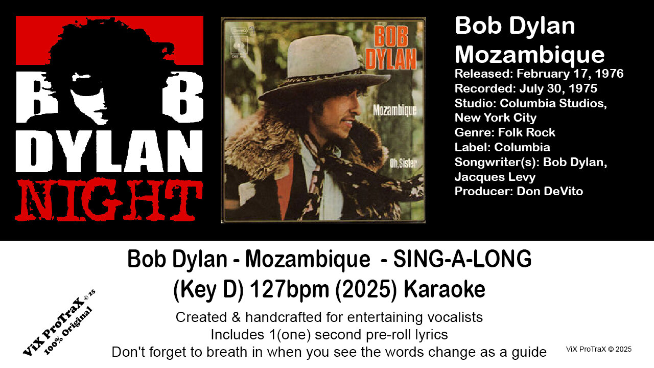 Bob Dylan - Mozambique - SING-A-LONG (Key D) 127bpm (2025) Karaoke