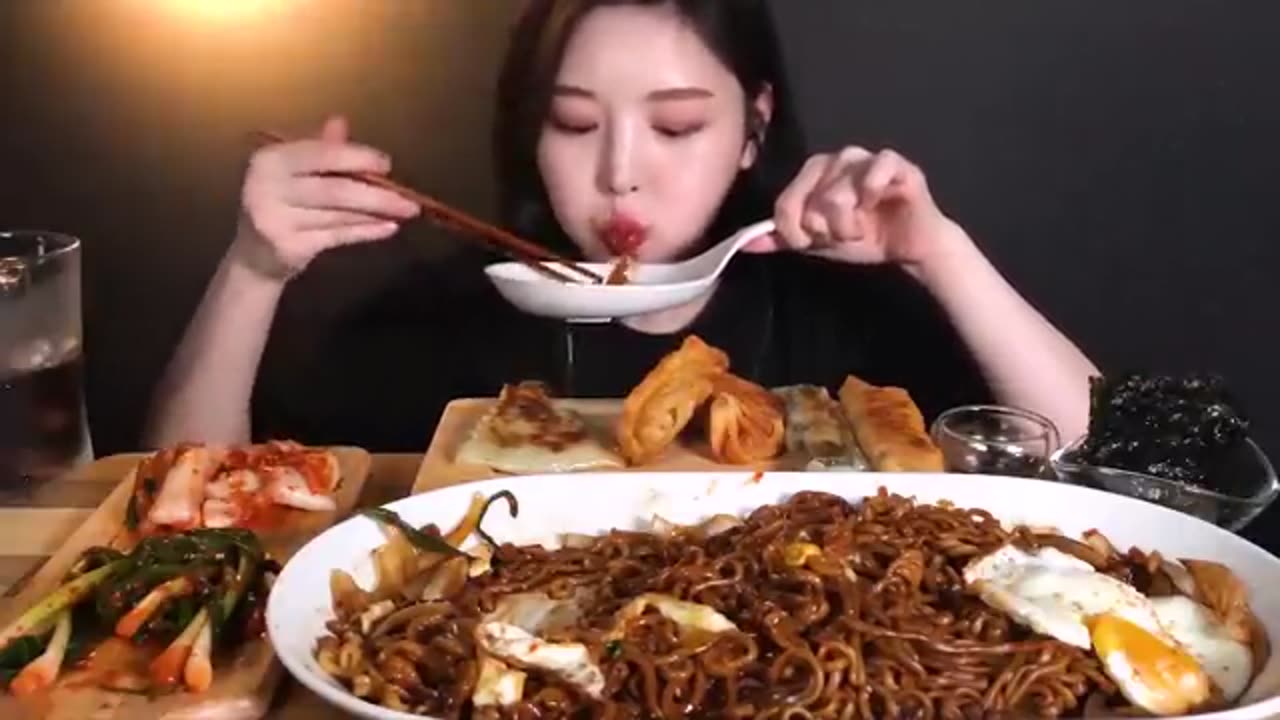 mukbang asmr eating show fried noodles with pickled vegetables fried eggs fried rice