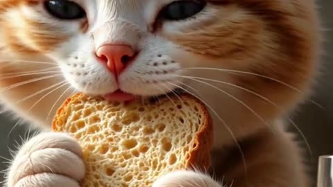 Adorable, cute kitten eating bread