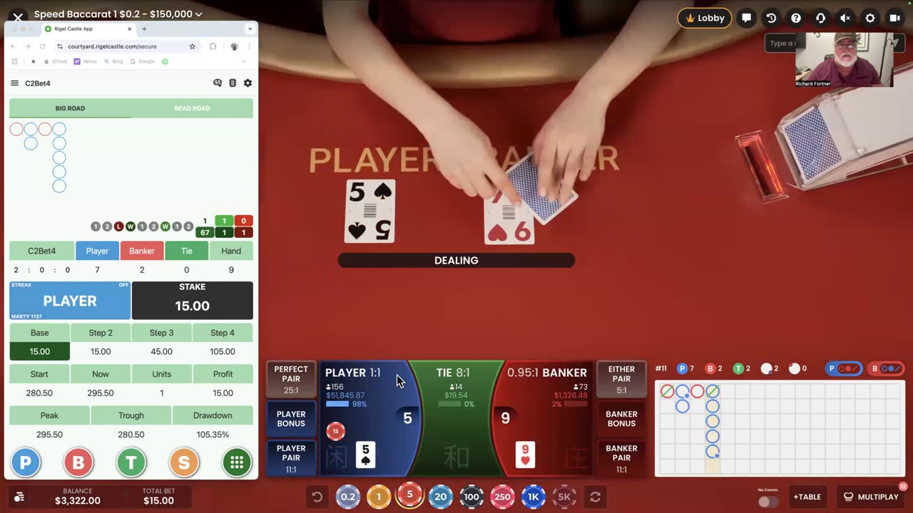 Win at baccarat with the Marty 1137 using the Rigel Castle App with $15 base bets.