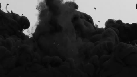 Black ink enter a transparent liquid medium with force creating a mesmerizing spectacle