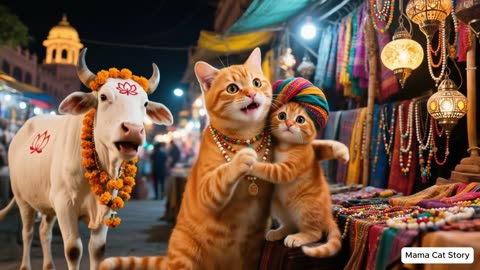 Ginger Kitten Drops Watermelon on Buffalo's Head! Mama Cat to the Rescue!