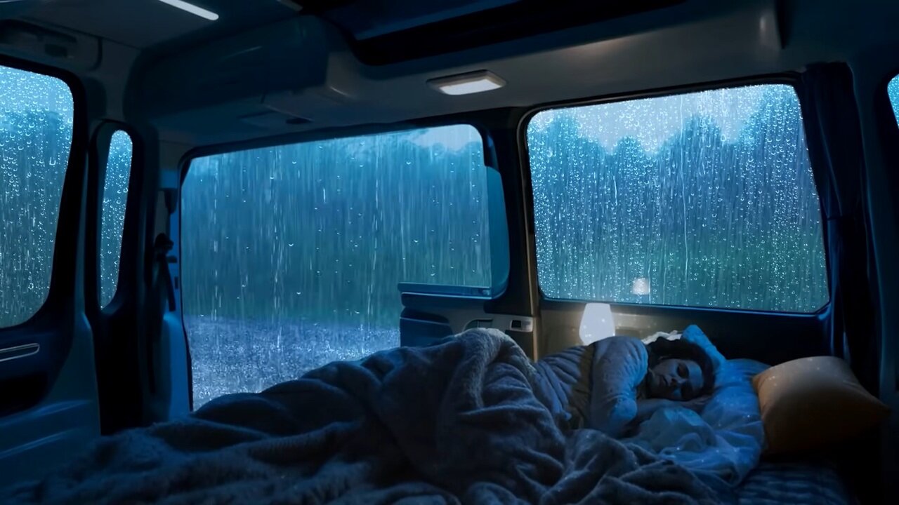 Heavy Rain on Camping Car Window for Deep Sleep