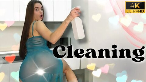 Lingerie Girls Alisa | Cozy Cleaning Wipe the Surface From Dust in a Transparent Blue Dress 4K HD