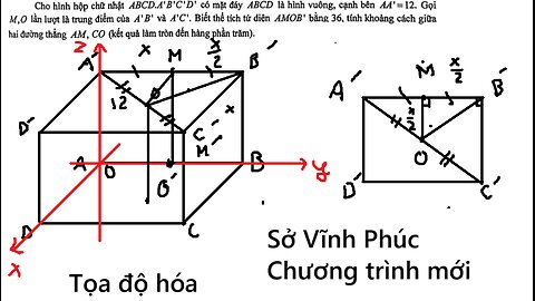 Sở Vĩnh Phúc (Lần 2): Cho hình hộp ABCD.A'B'C'D' có mặt đáy ABCD là hình vuông, cạnh bên AA'=12.